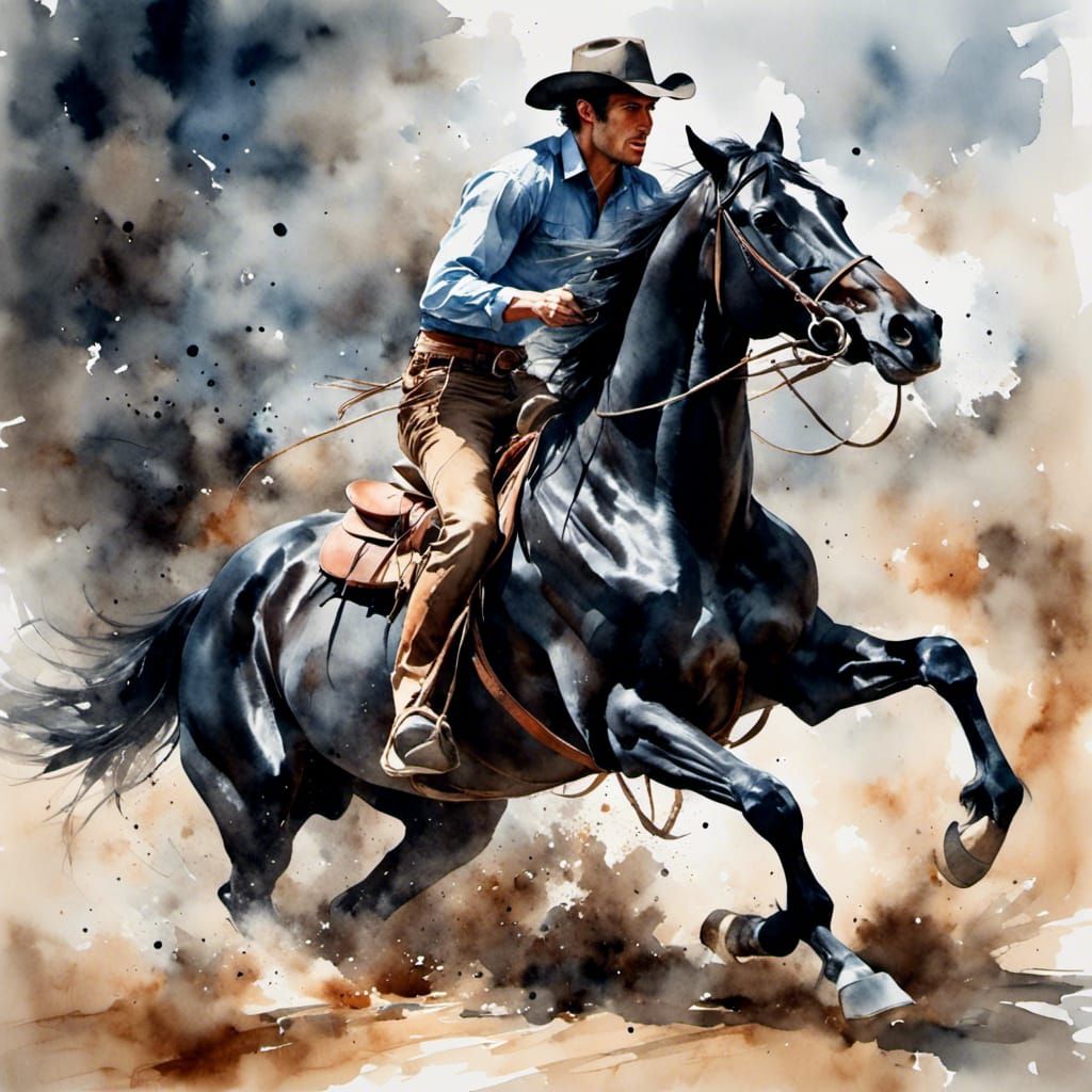 Cowboy on Galloping Horse in Antique Watercolor Style