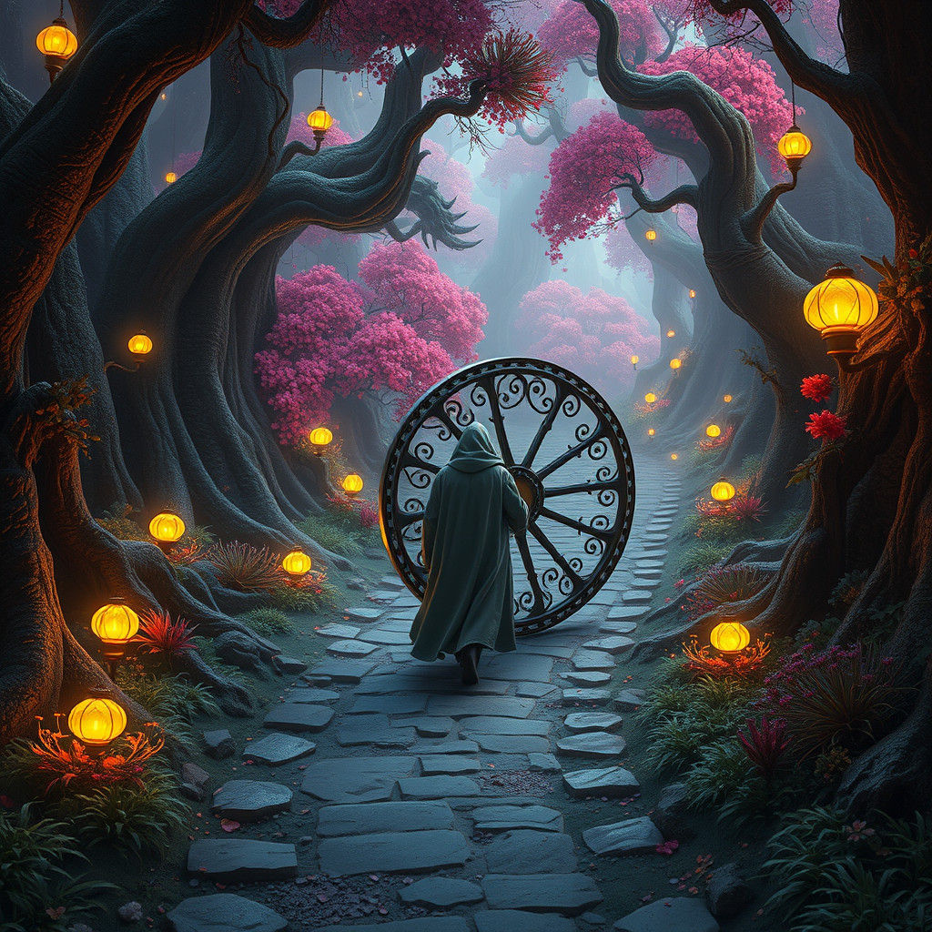 Mystical Wheel Traveler in Dreamlike Landscape