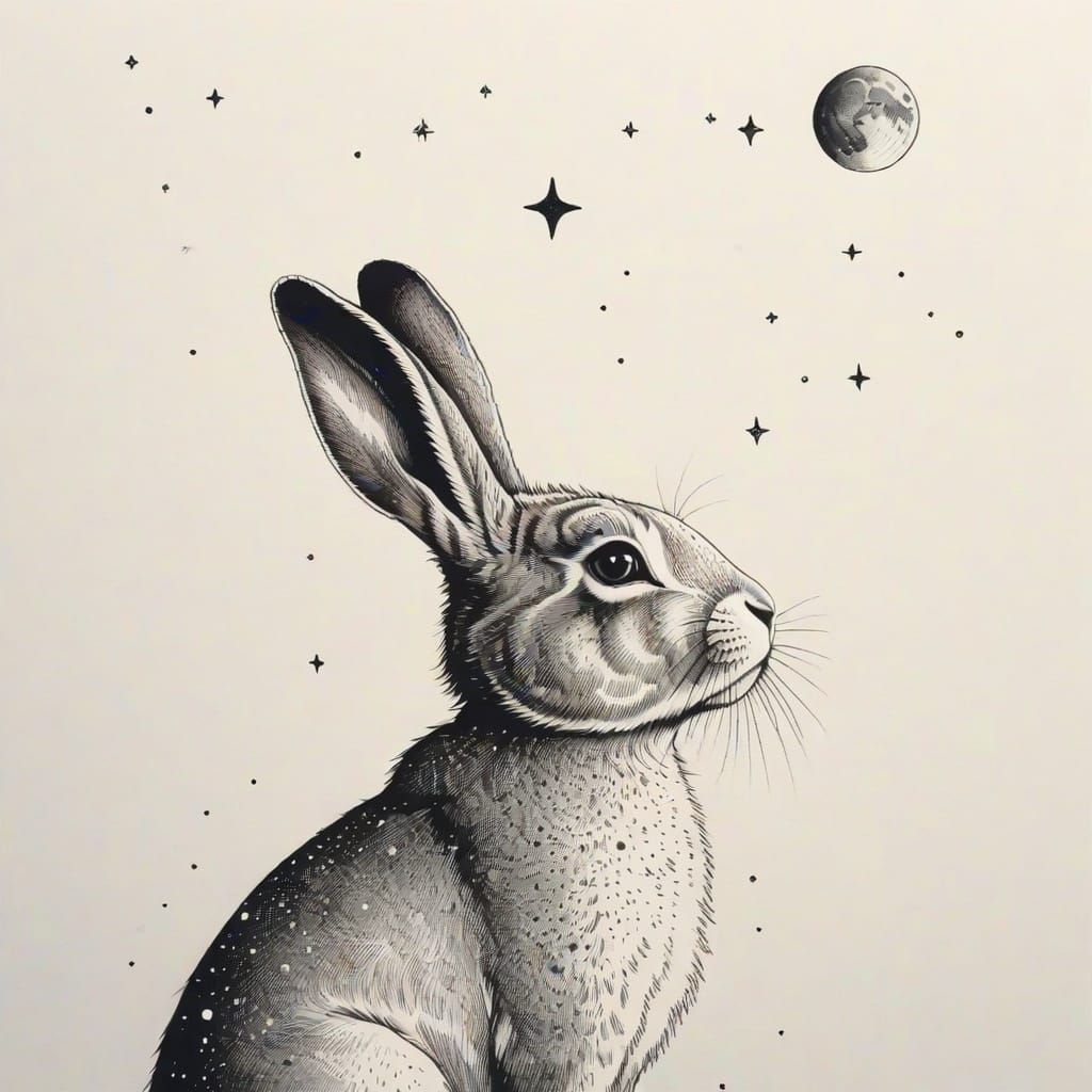 Celestial Rabbit Tattoo Design in Fine Line Style