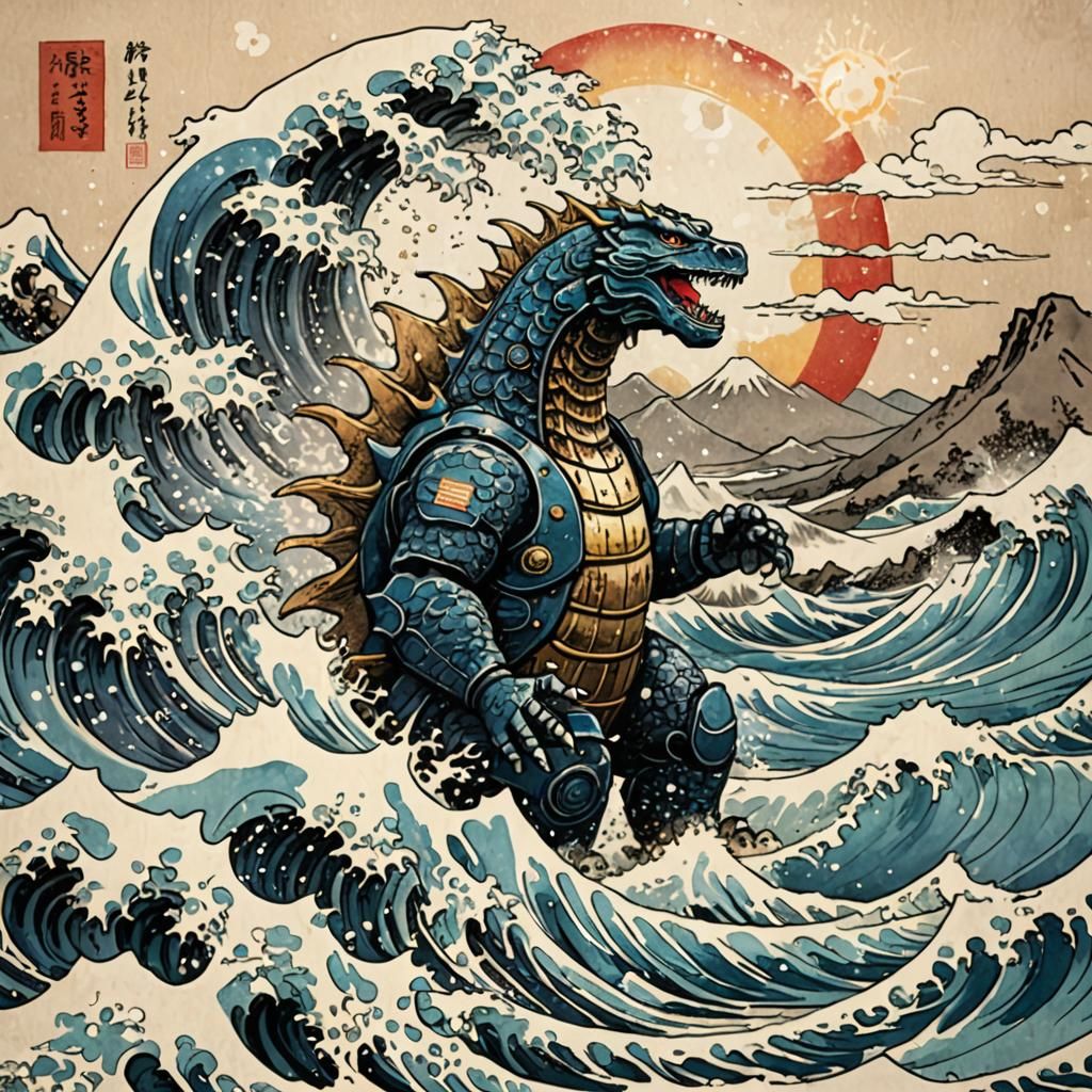 Mecha Godzilla in Ukiyo-e Style