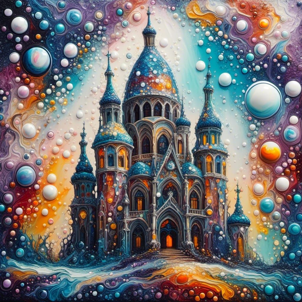 Iidescent Soap Bubble Cathedral in Cubist Style