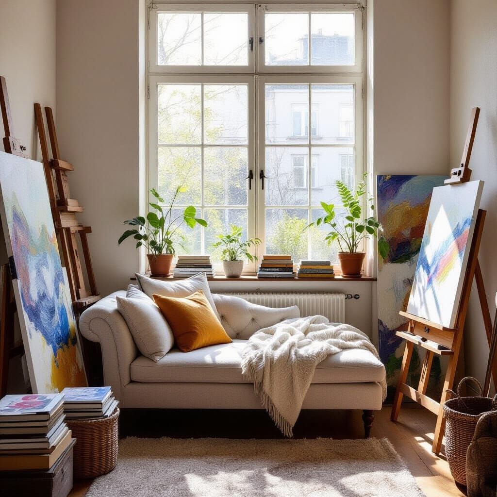 Sunlit Artist's Reading Nook in Impressionistic Style
