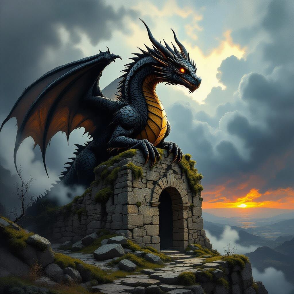 Ancient Obsidian Dragon Overlooking Stormy Ruins
