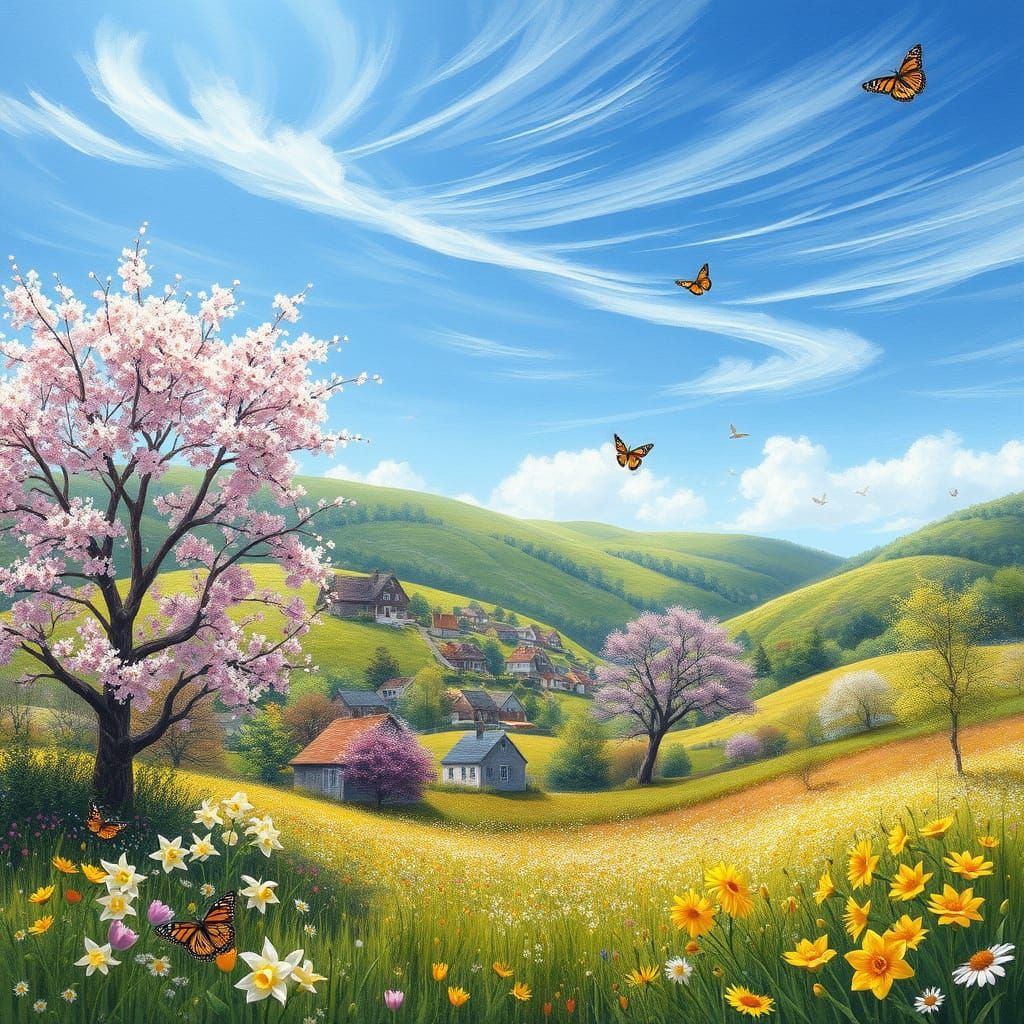 Surreal Springtime Village in Impressionist Style