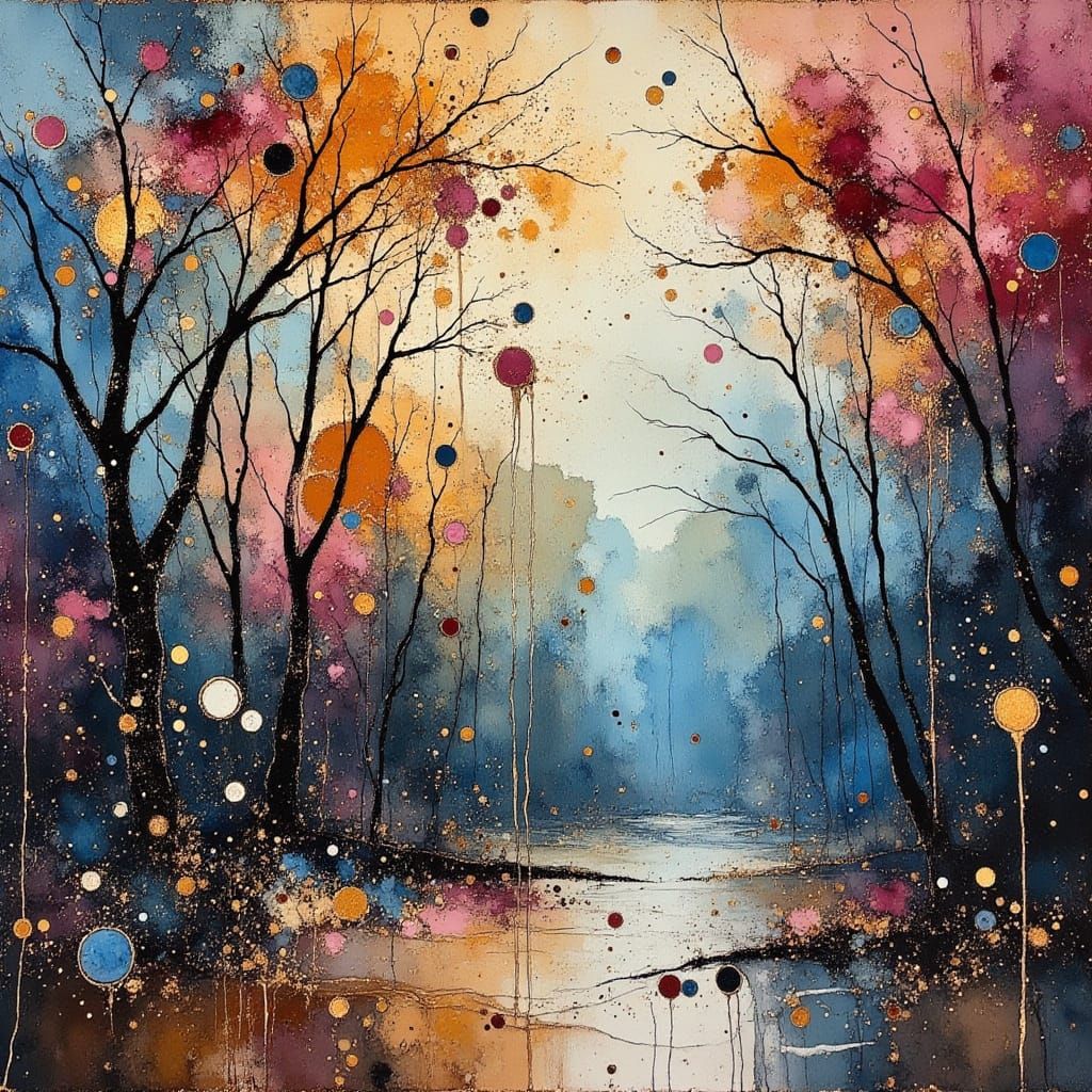 Neo-Expressionist Oil Painting of Macarthur Park in Rainy Sp...