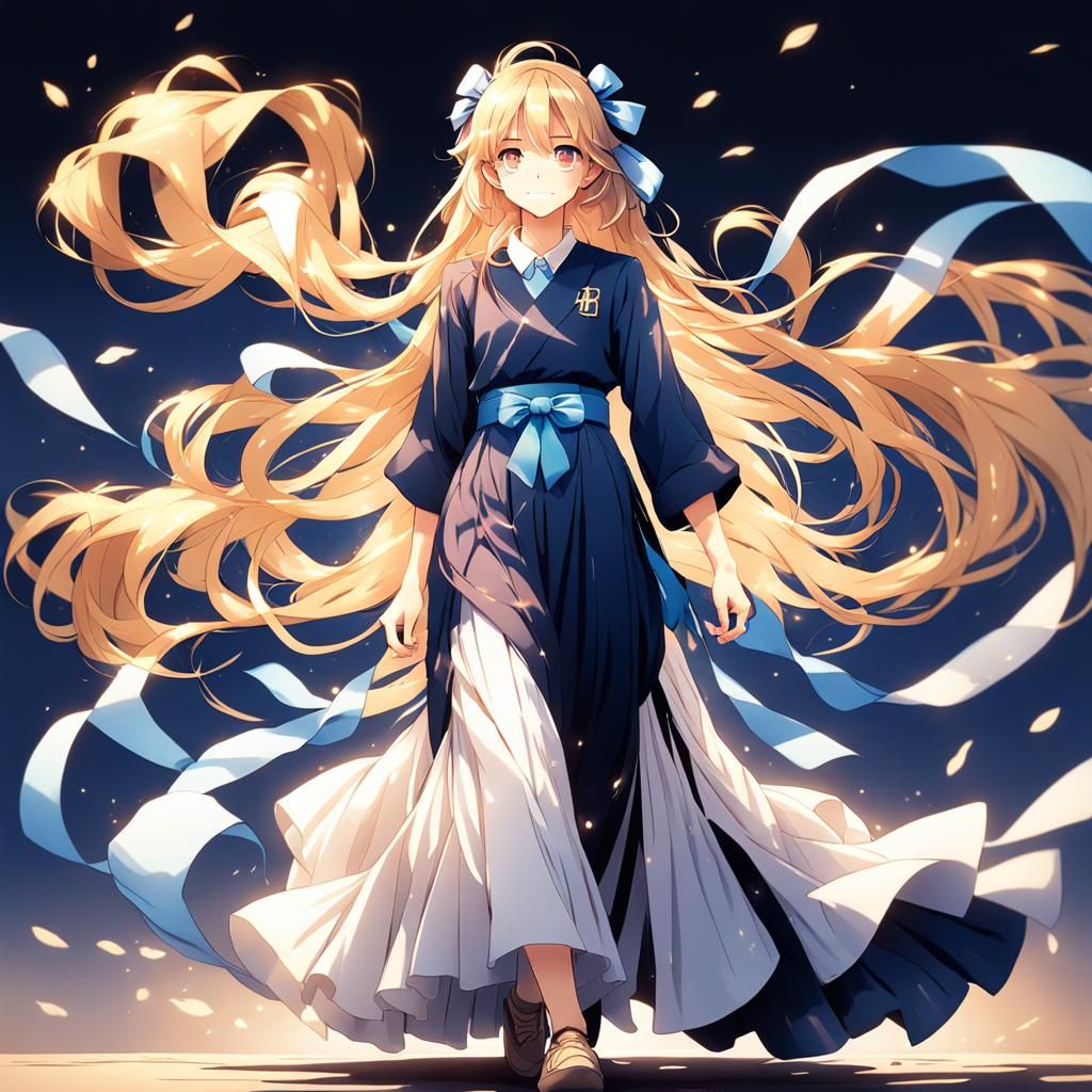 Anime Woman in Blue Dress with Blond Hair