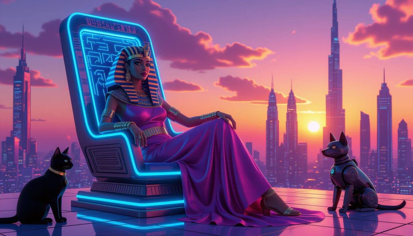 Cyberpunk Pharaoh on Neon Throne, 3D Pixar Style