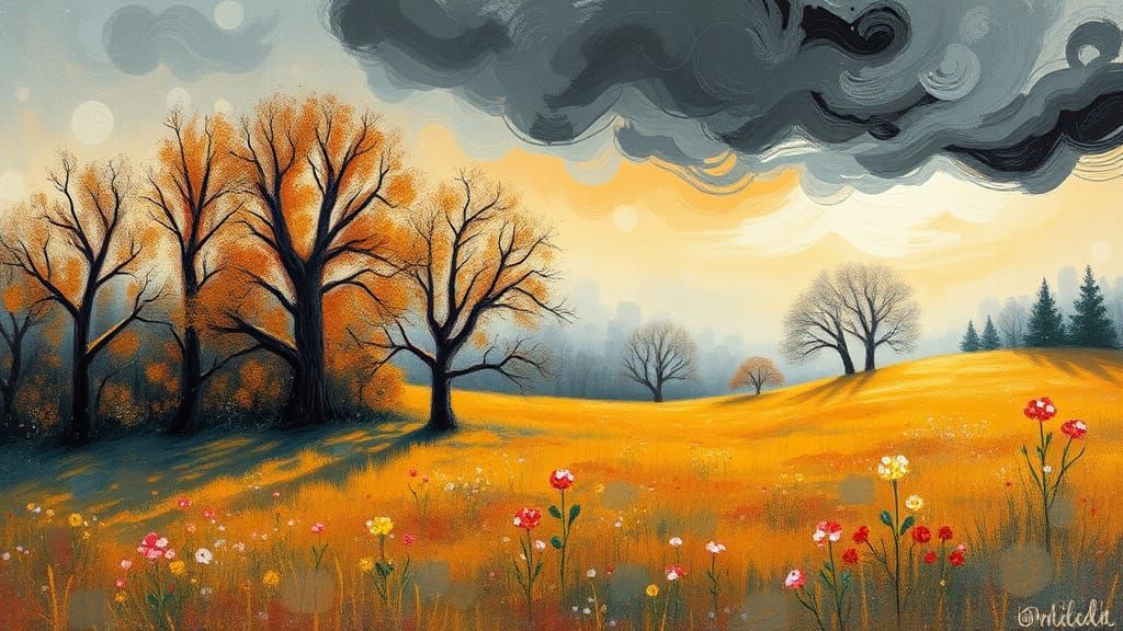 Winter Meadow: Impressionist Landscape with Swirling Clouds