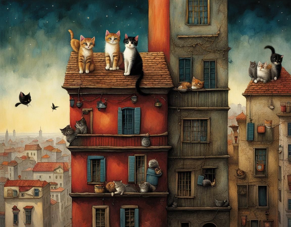 Kittens Climb a Building: Detailed Children's Illustration