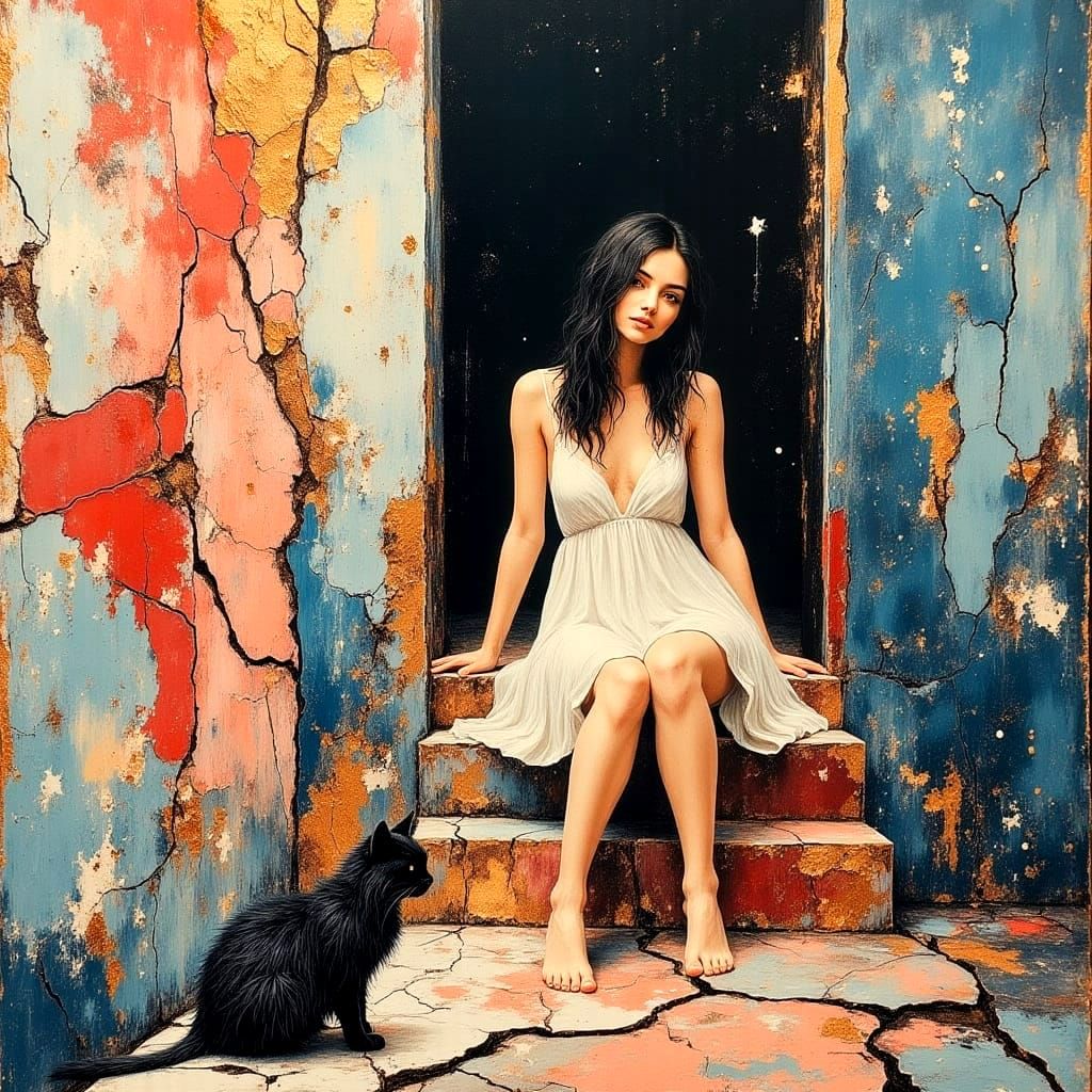 Dreamlike Woman and Cat in Impasto Oil Painting