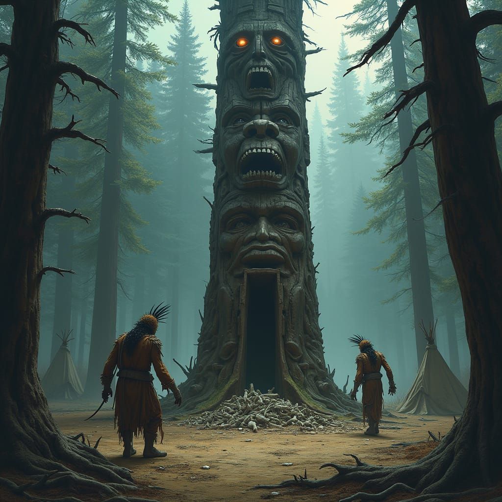 Ancient, Twisted Totem in a Haunting Forest Clearing