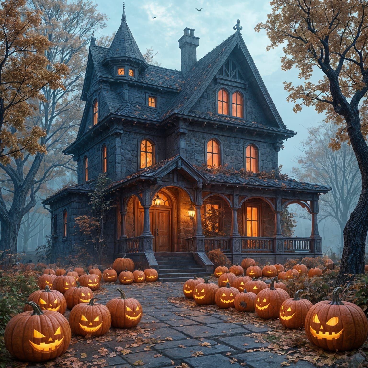 Halloween House in Autumnal Pumpkin Patch: 8K Art