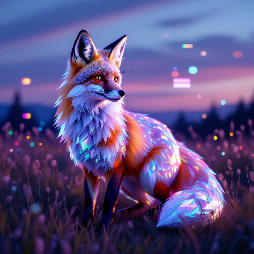 Iridescent Glass Fox in Ethereal Twilight Meadow