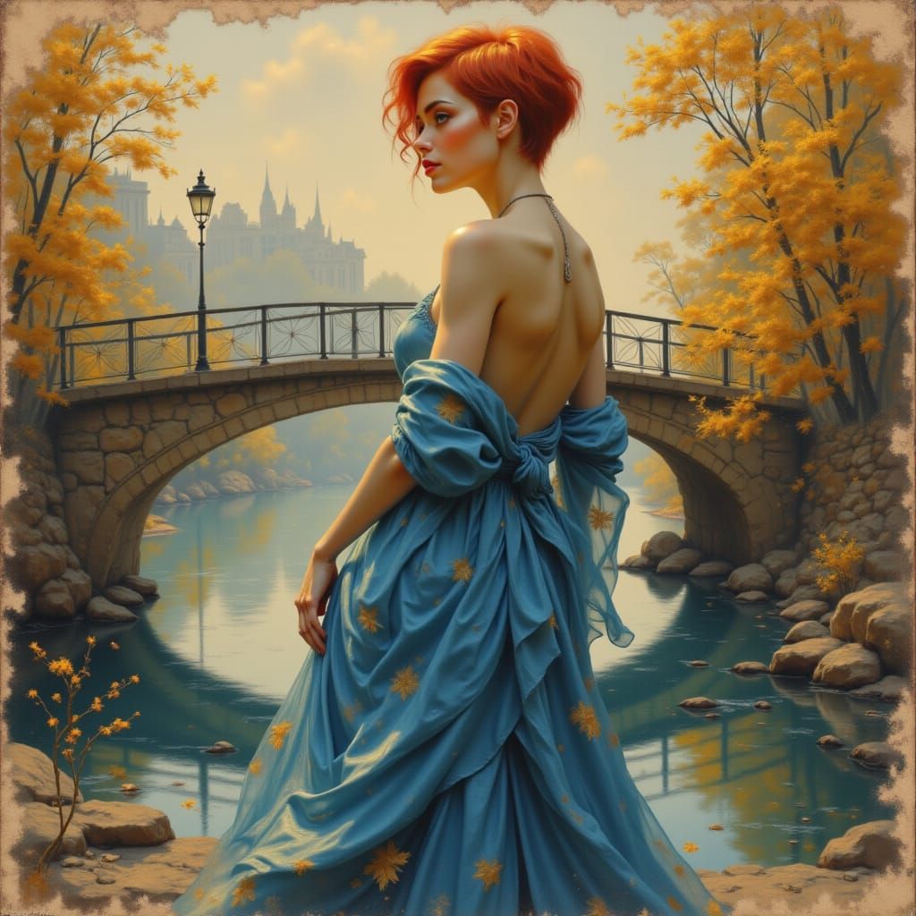 Woman with Mohawk on Bridge in Oil and Watercolor