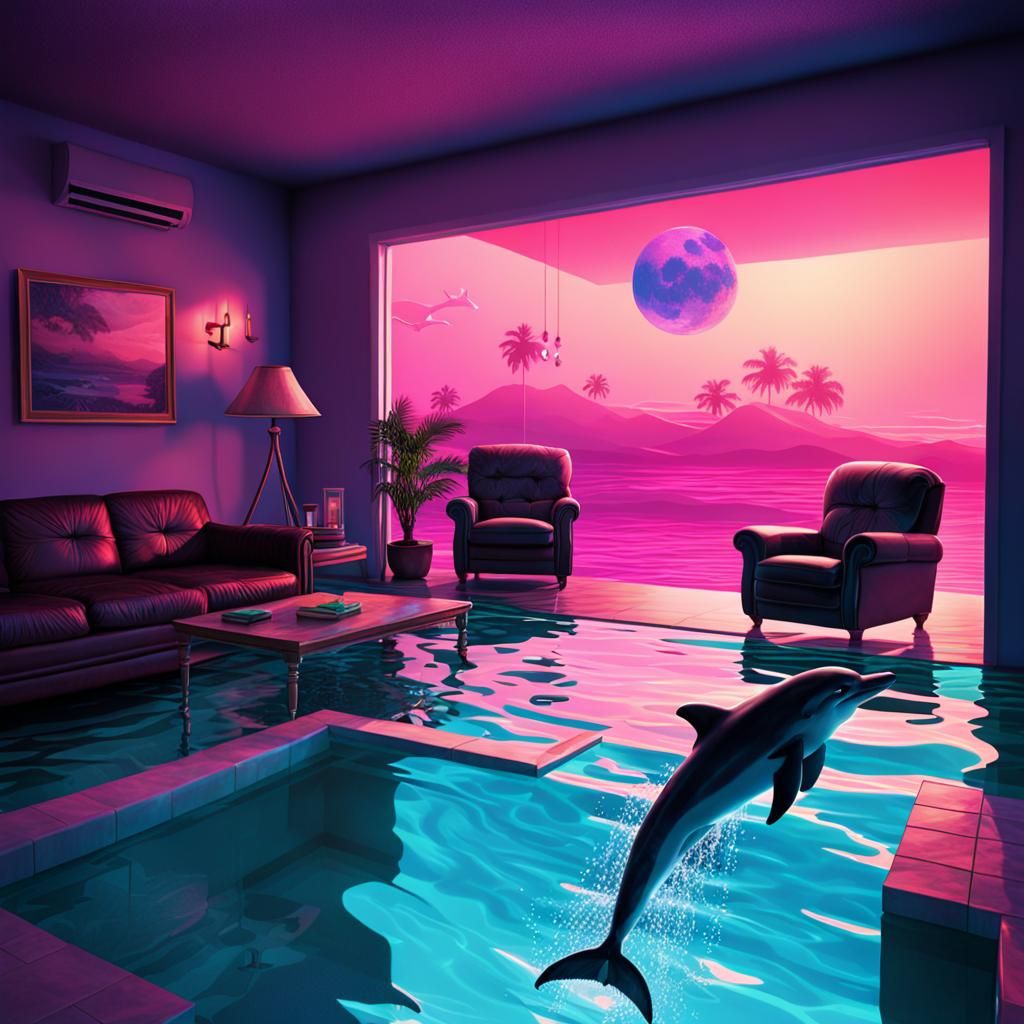 Surreal Submerged Vaporwave Dreamscape with Dolphin