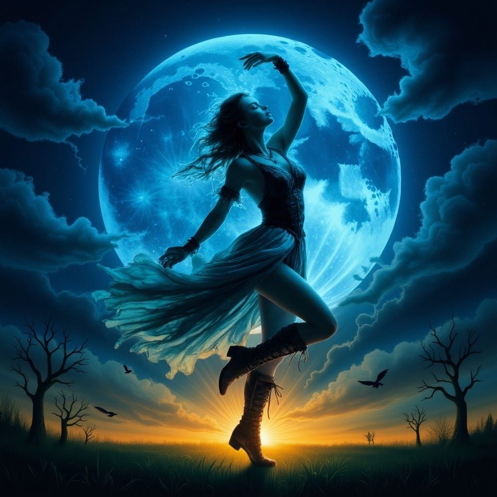 Gypsy Dancer in Blue Moon: Double Exposure Watercolor