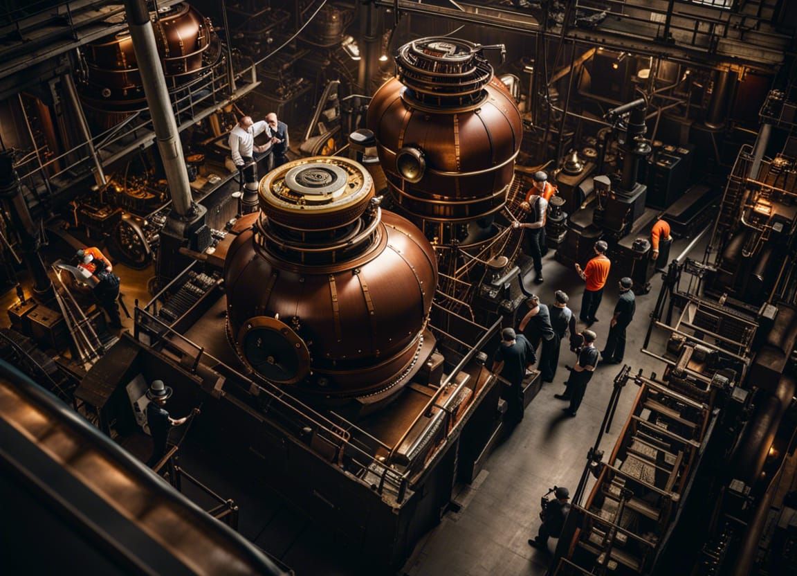 Workers in a steampunk factory