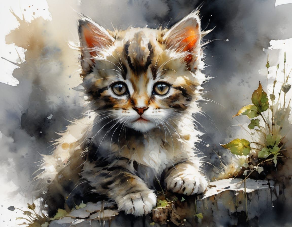 Watercolor Kitten Portrait in Rustic Fairytale Setting