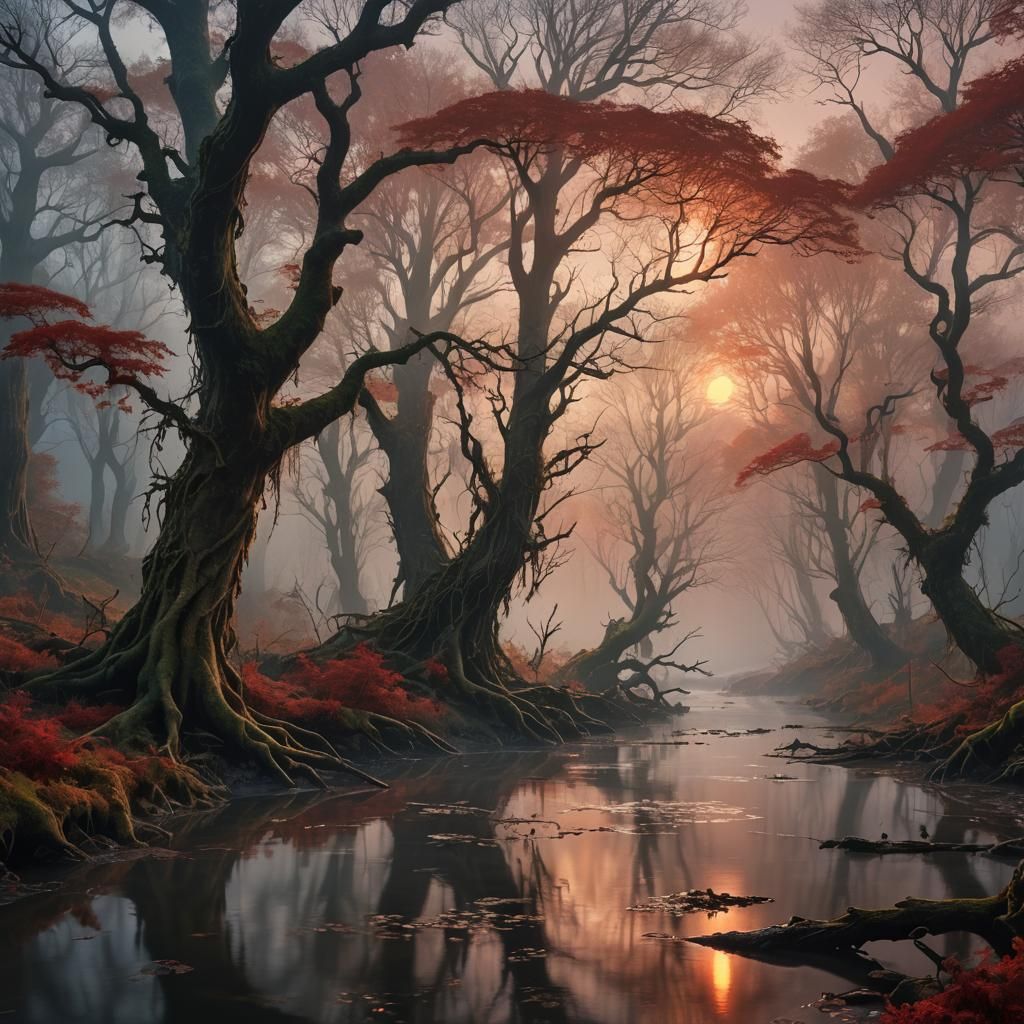 Mystical Sunrise Over Foggy River in Fantasy Forest