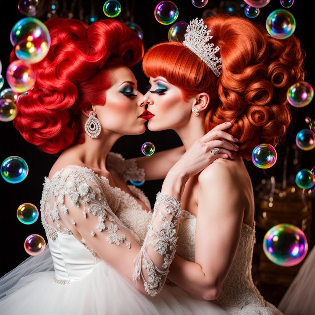 Two Red-Haired Drag Queens Kissing in Wedding Dresses