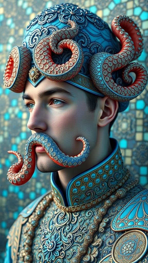 Azure Octopus Mystery Moebius cool colors deep color detailed painting hyperrealism quilling filigree faience mosaic ela...