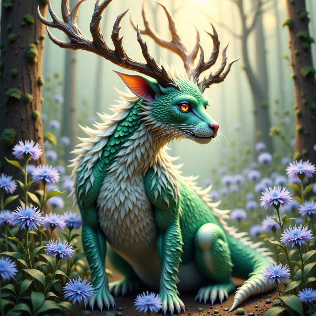 Dragon-Cat Hybrid in Winter Forest, Fantastical Realism