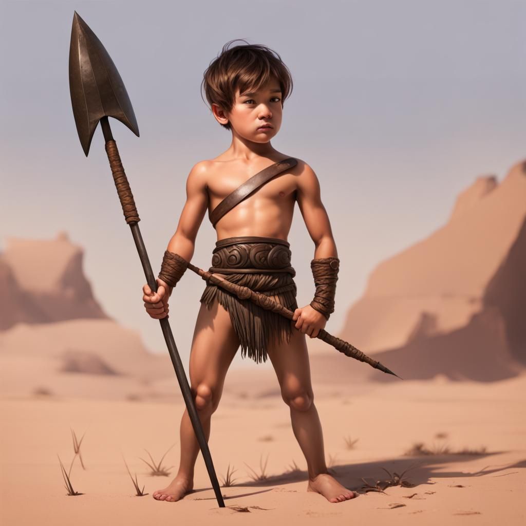 Shirtless Boy Warrior with Spear