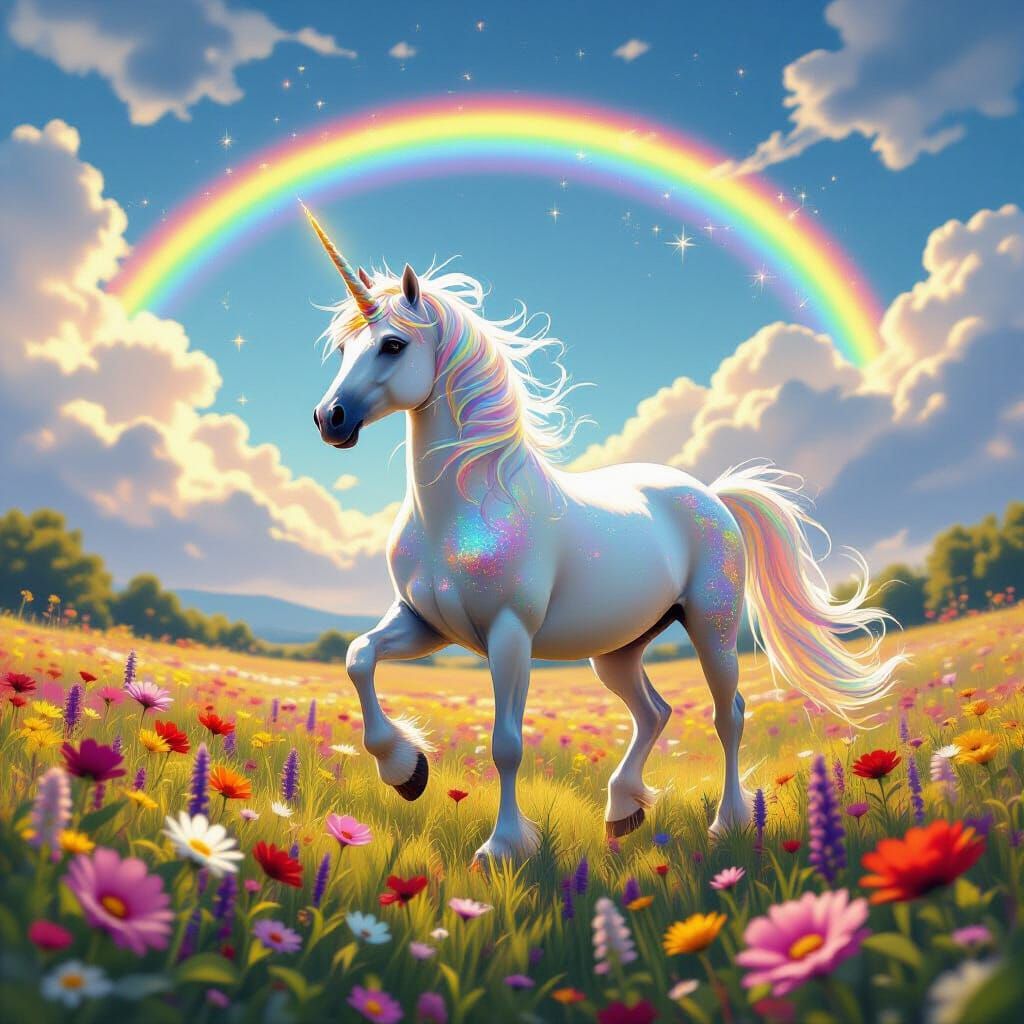 Majestic Unicorn Prances in Rainbow Flower Field