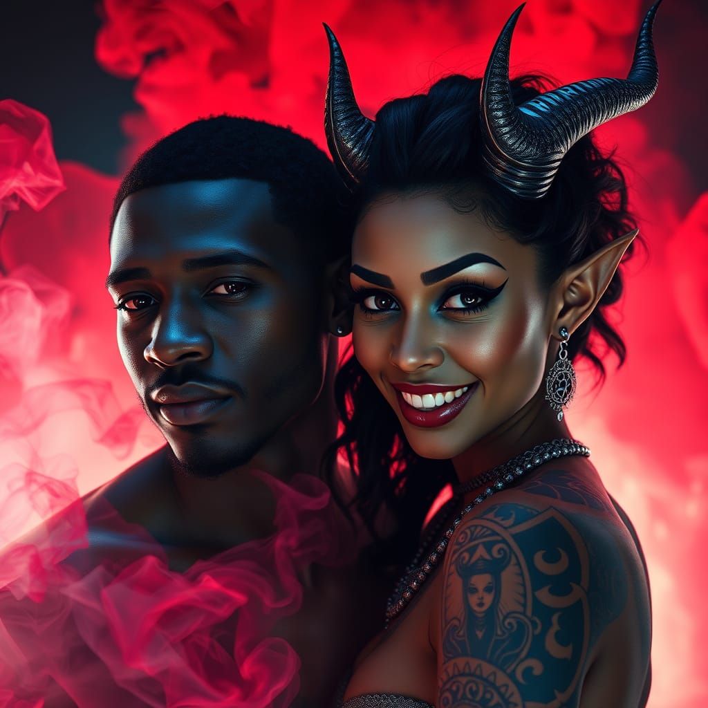 Ethereal Couple in Red Smoke, Cyberpunk Glamour