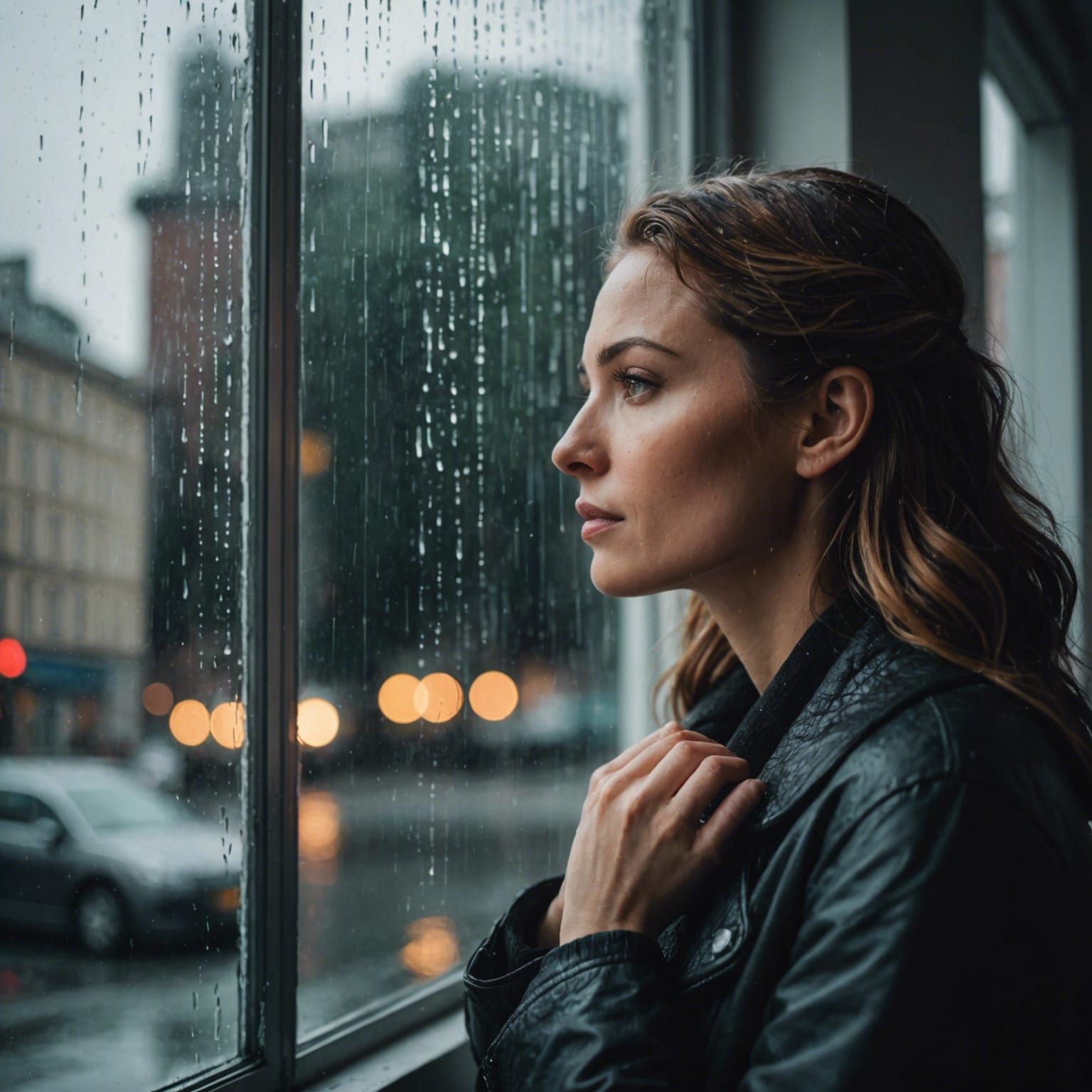 Woman Watching Rain Through Window