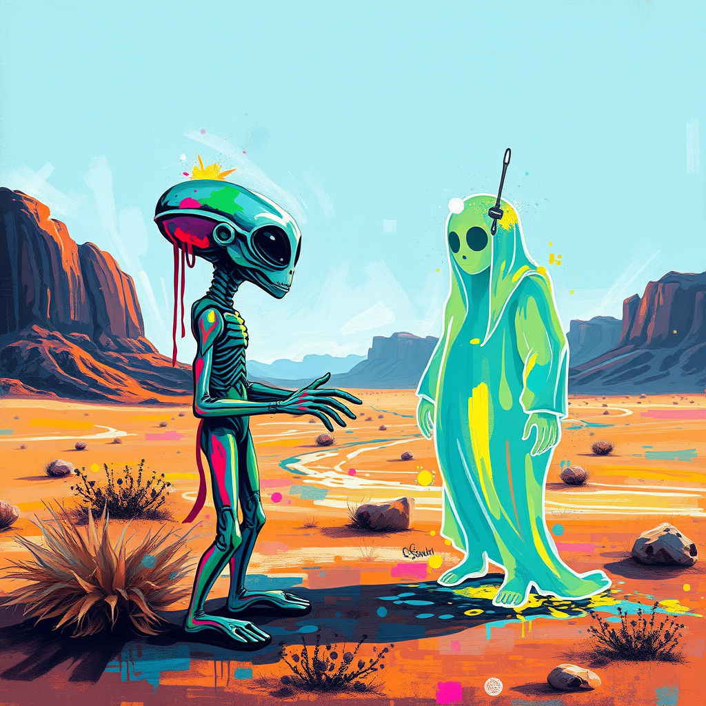 Alien and Ghost Meeting in Graffiti Art Style