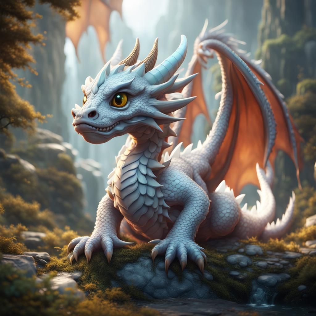Cute White Dragon in Detailed Matte Painting