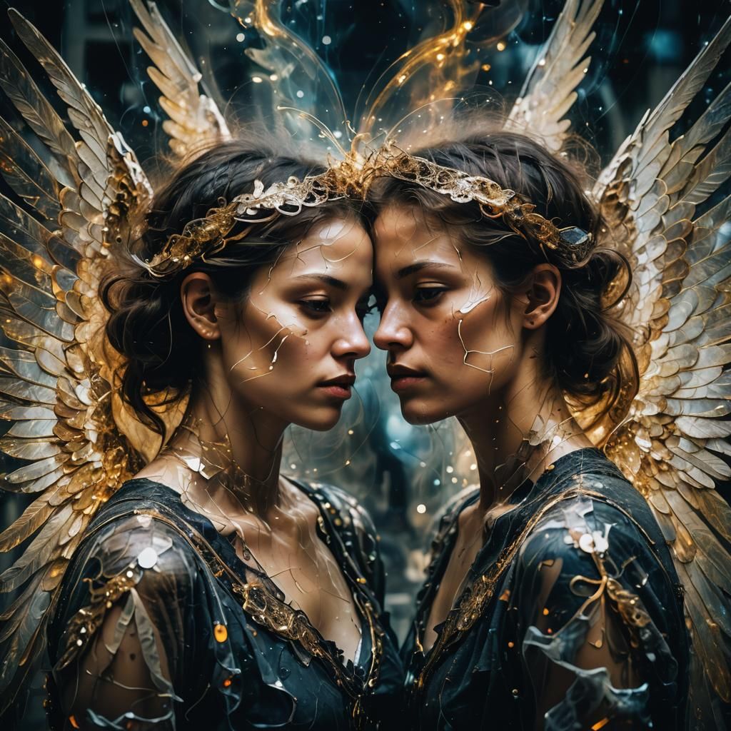 Double exposure 3D portrait of two interacting angels, one representing darkness and death, the other symbolizing light ...