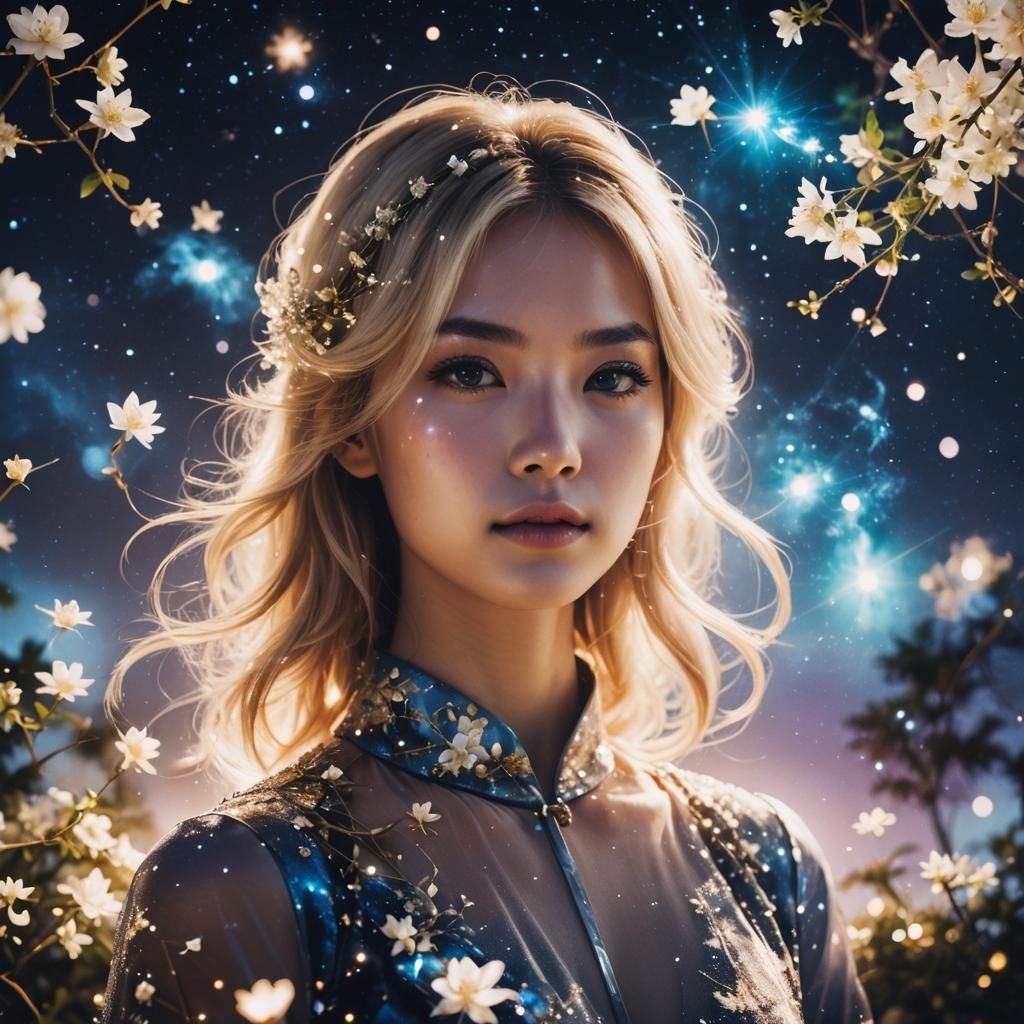 Nebula Night: Blonde Girl with Double Exposure