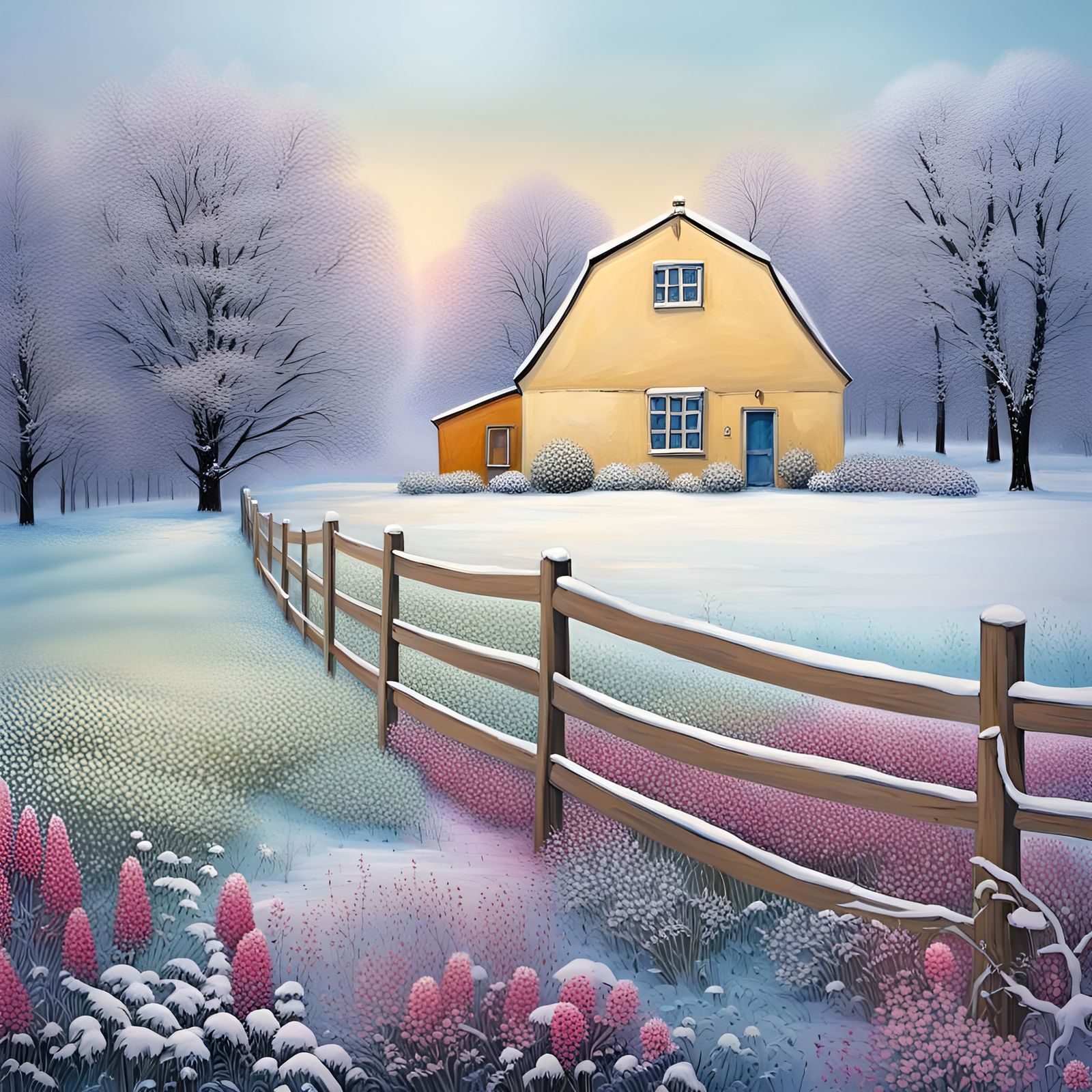 Snowy Flower Meadow in Abstract Art Style