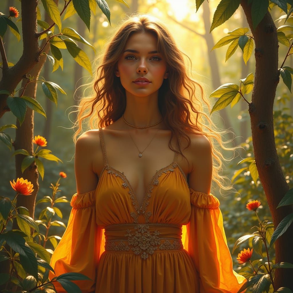 Golden Oil Paint Portrait in Natural Setting