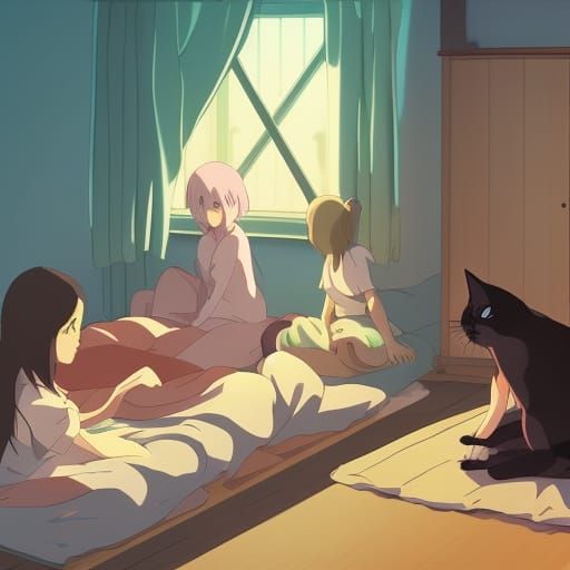 Girl and Cat Sleepover in Anime Style