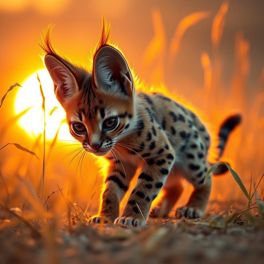 Whimsical Serval Cat Stalks Golden Savannah