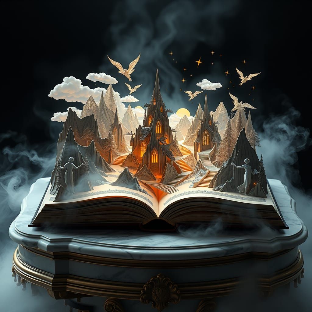 Dreamlike Pop-Up Book Unfolds on Marble Pedestal