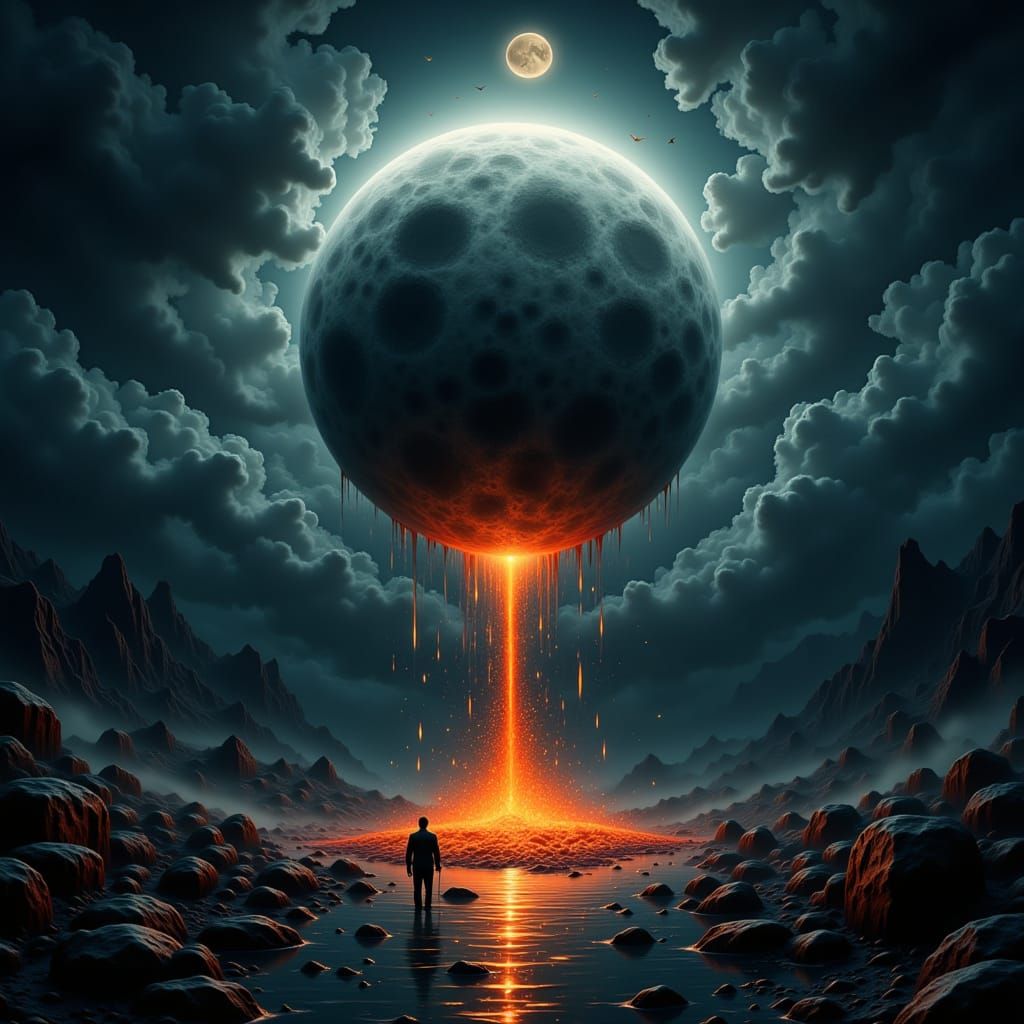 Weeping Moon in Mystical Sci-Fi Landscape