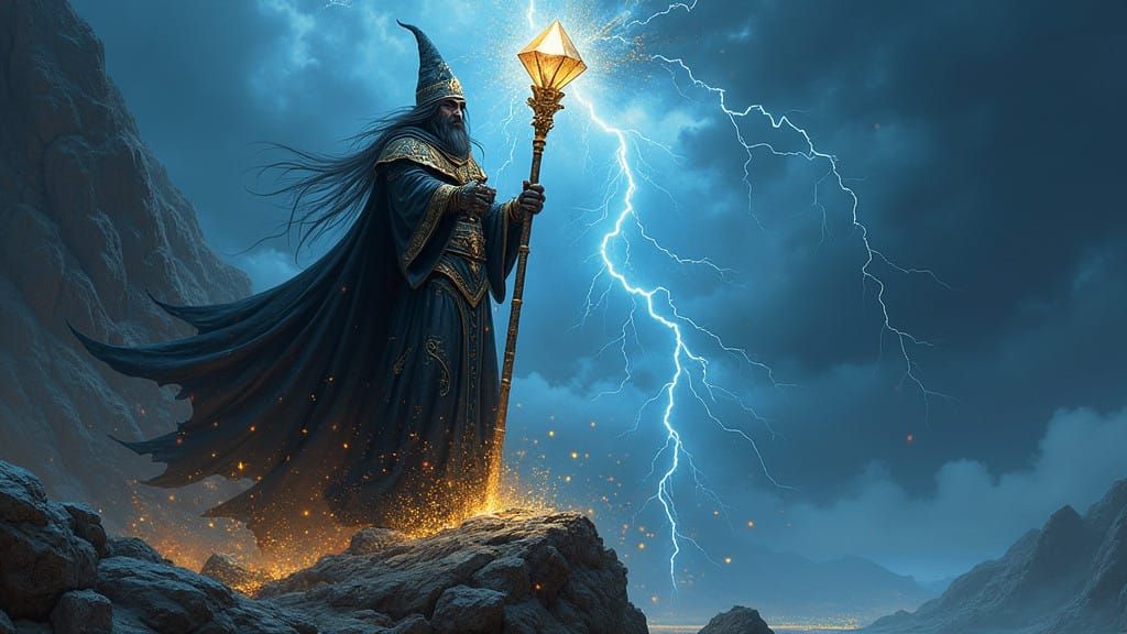 Mystic Dark Wizard in Lightning-Struck Landscape