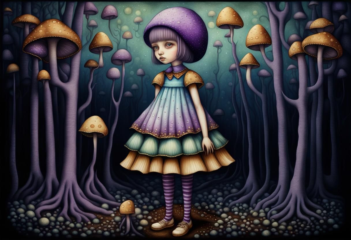 Underwater Purple Mushrooms in Pointillist Style