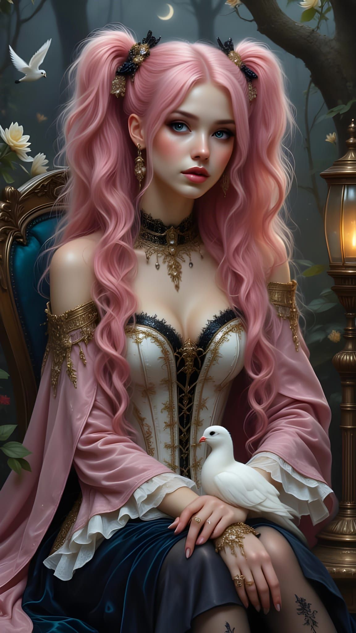 Gothic Pre-Raphaelite Woman with Pink Hair and Lamp