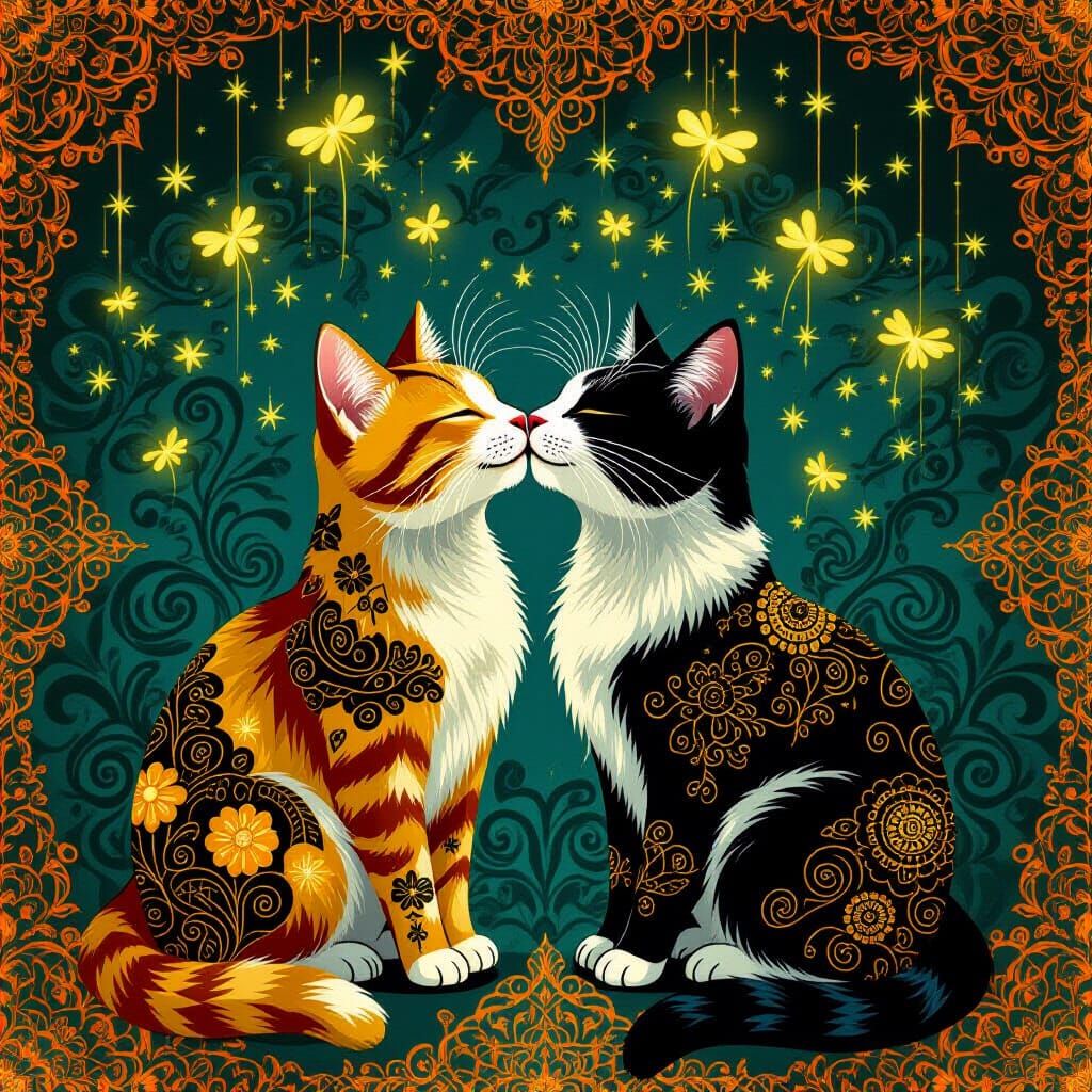 Cats Kissing Under Fireflies in Klimt Style