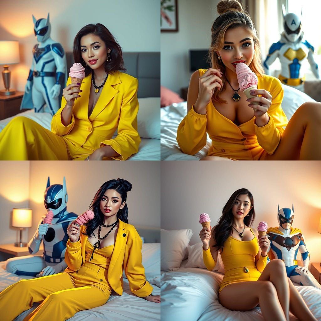 Woman in Yellow with Superhero Figure