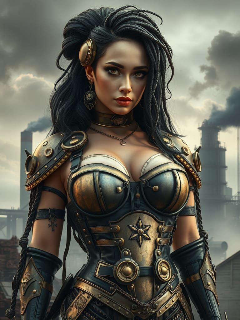 Steampunk Goddess in Dystopian Setting, Hyperrealistic Image
