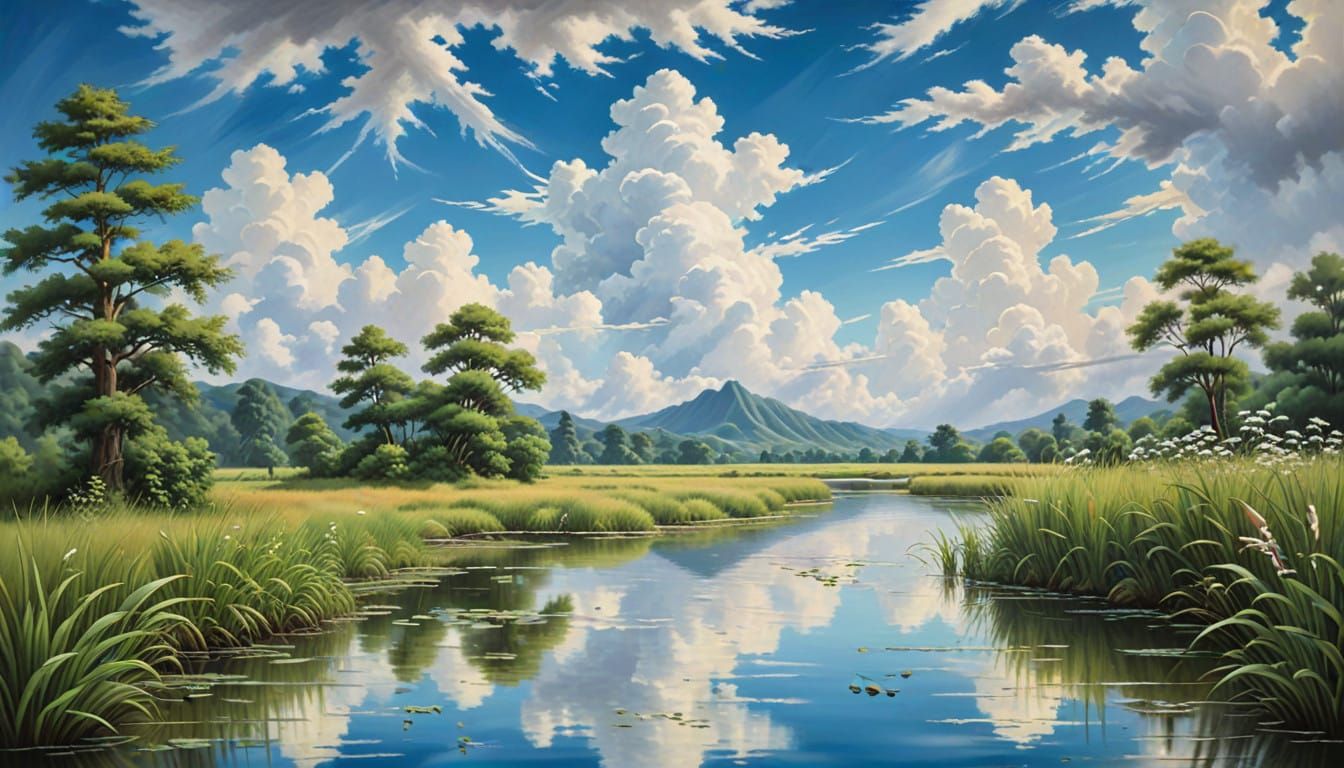 Whimsical Ghibli Landscape Oil Painting with Fluffy Clouds