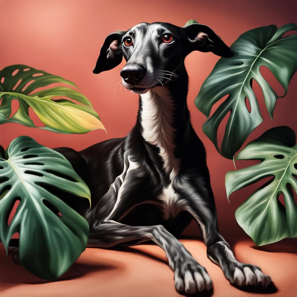 Black Greyhound Relaxing Near Monstera: Hyperrealistic Digit...