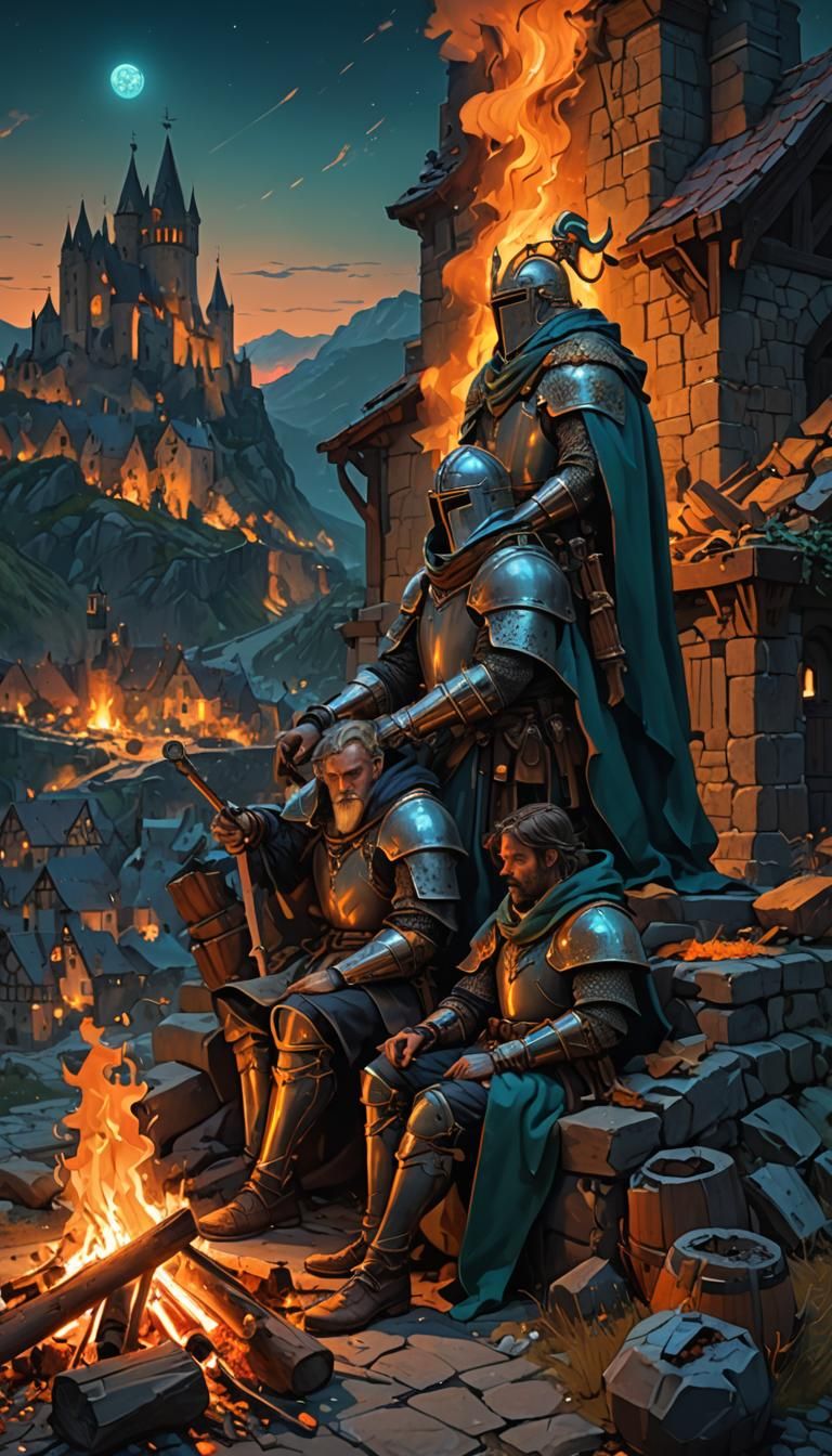 Knight and Wizard Bonfire at Night, Art Nouveau