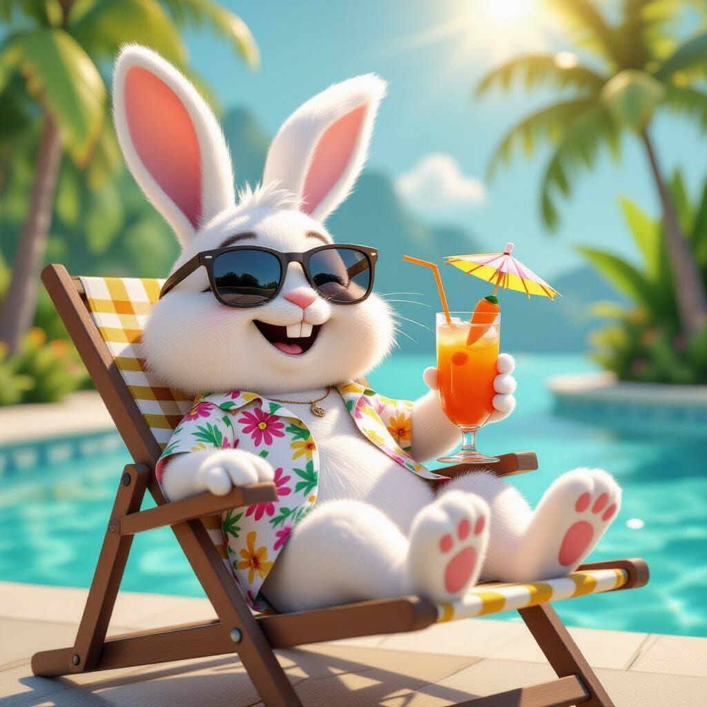Bunny Lounging by Pool in 3D Digital Art